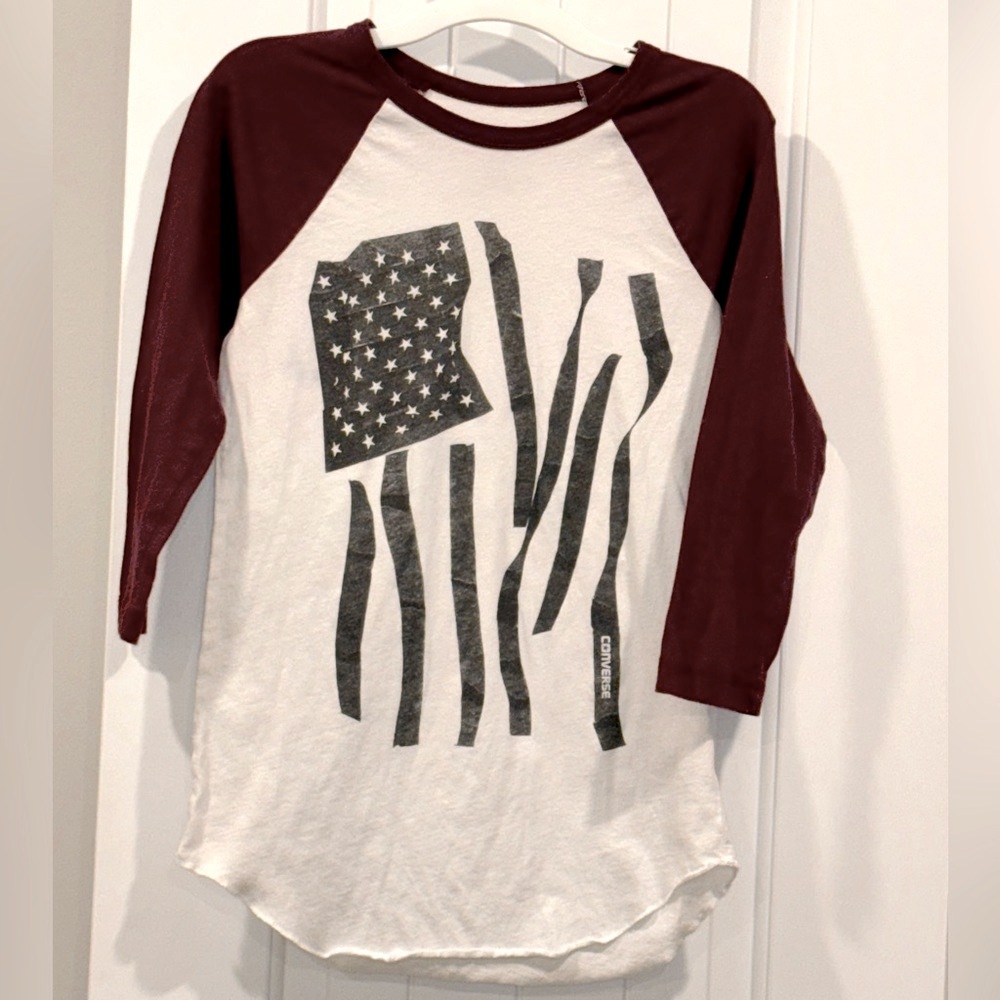 Converse baseball style tee with black American flag